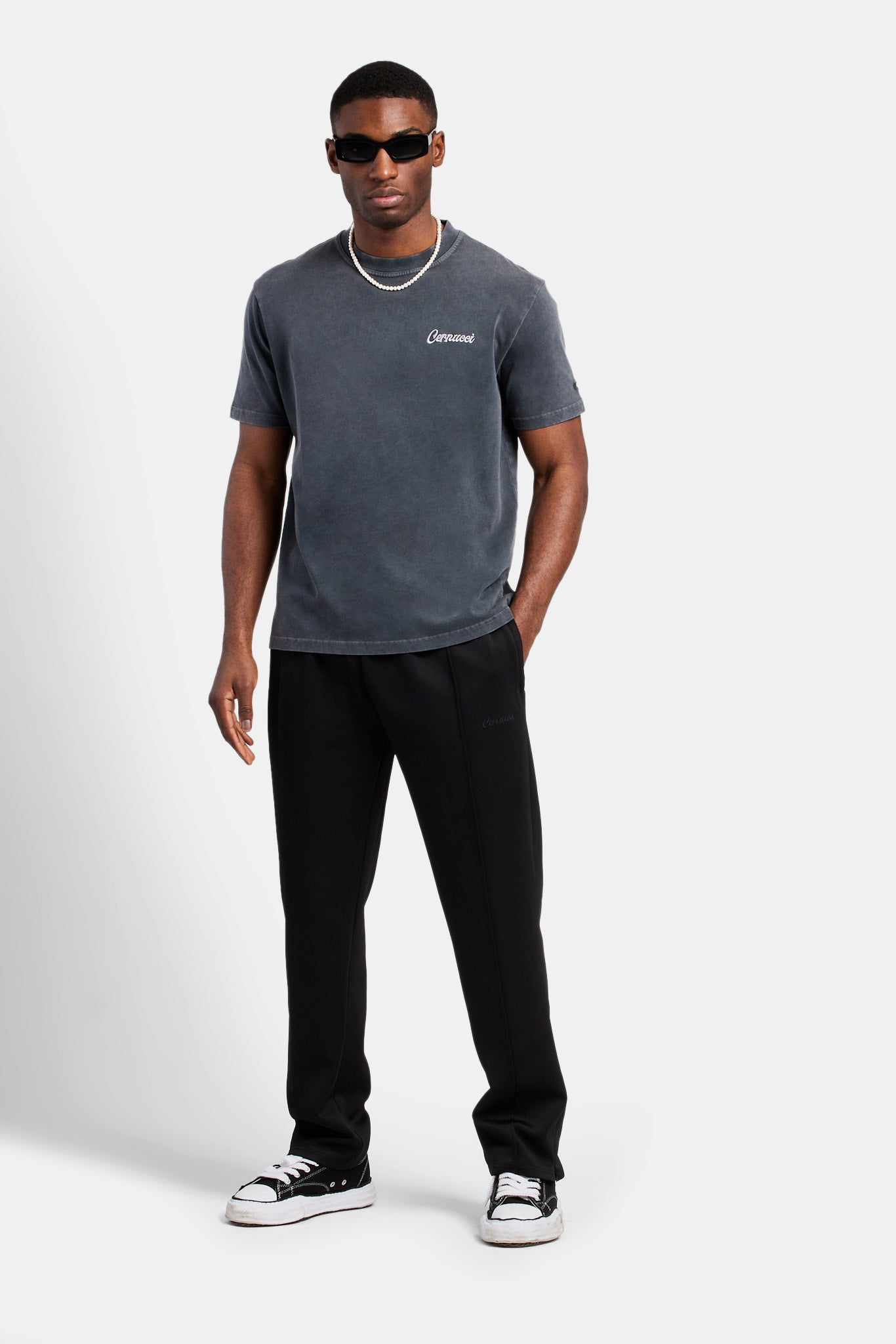 Acid Wash Embroidered T-Shirt Charcoal